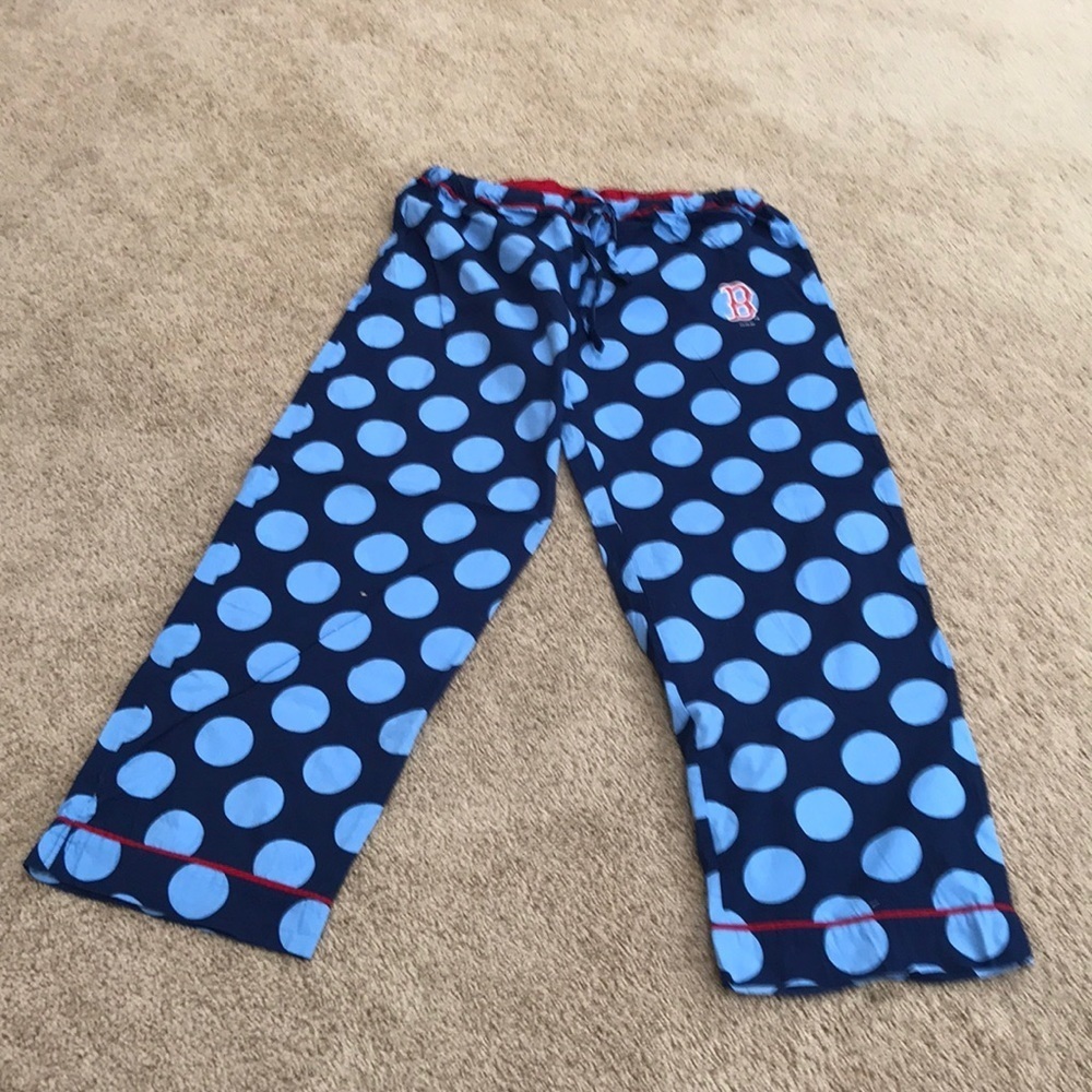 Navy polka dots cotton Red Sox pajama bottom.